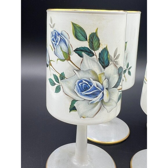 Norleans Frosted Wine Glass White Satin Art Italy Blue Flowers 24K Gold Trim Set - Picture 8 of 13